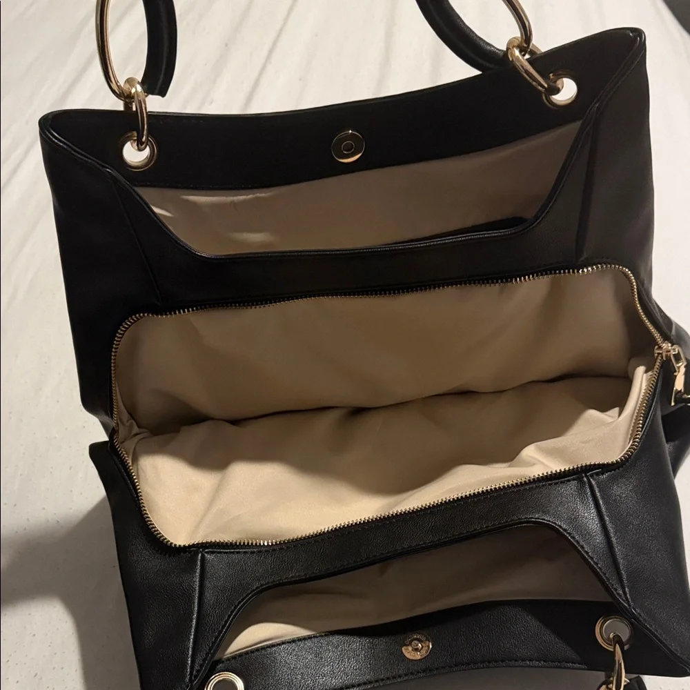 INC International Concepts Black Shoulder Bag with Gold Rings